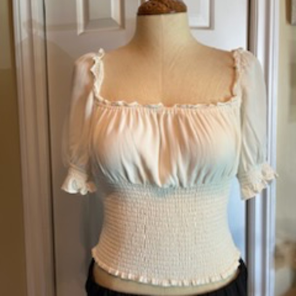 Reformation White Smocked Off the Shoulder Top